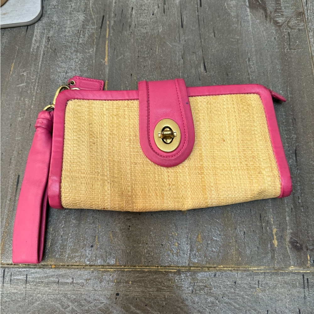 Coach Pink and Natural Straw Wristlet Clutch